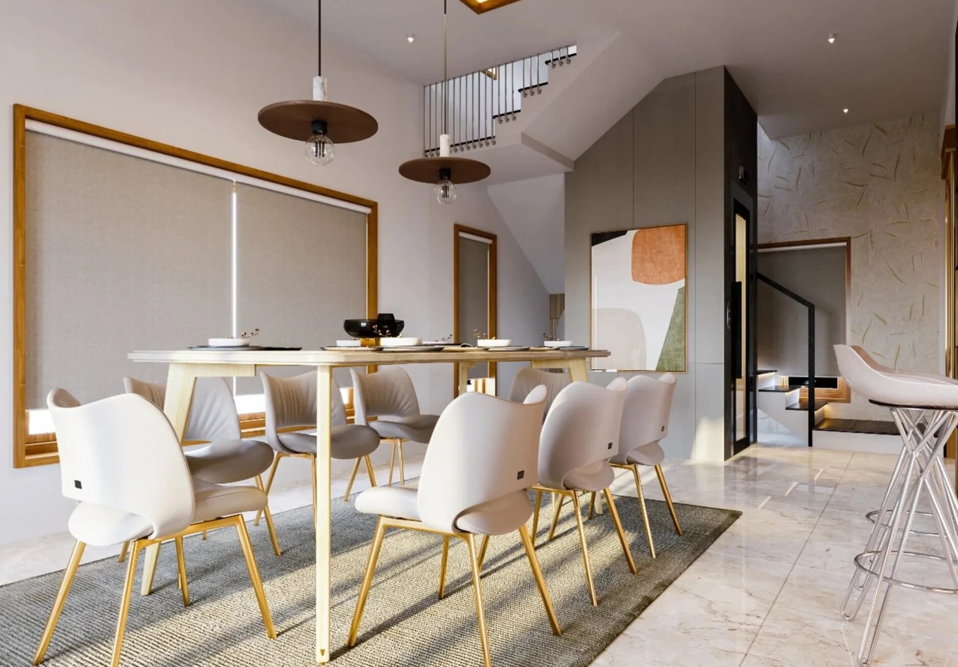 Customised package showing modern living area with round mirror and plants