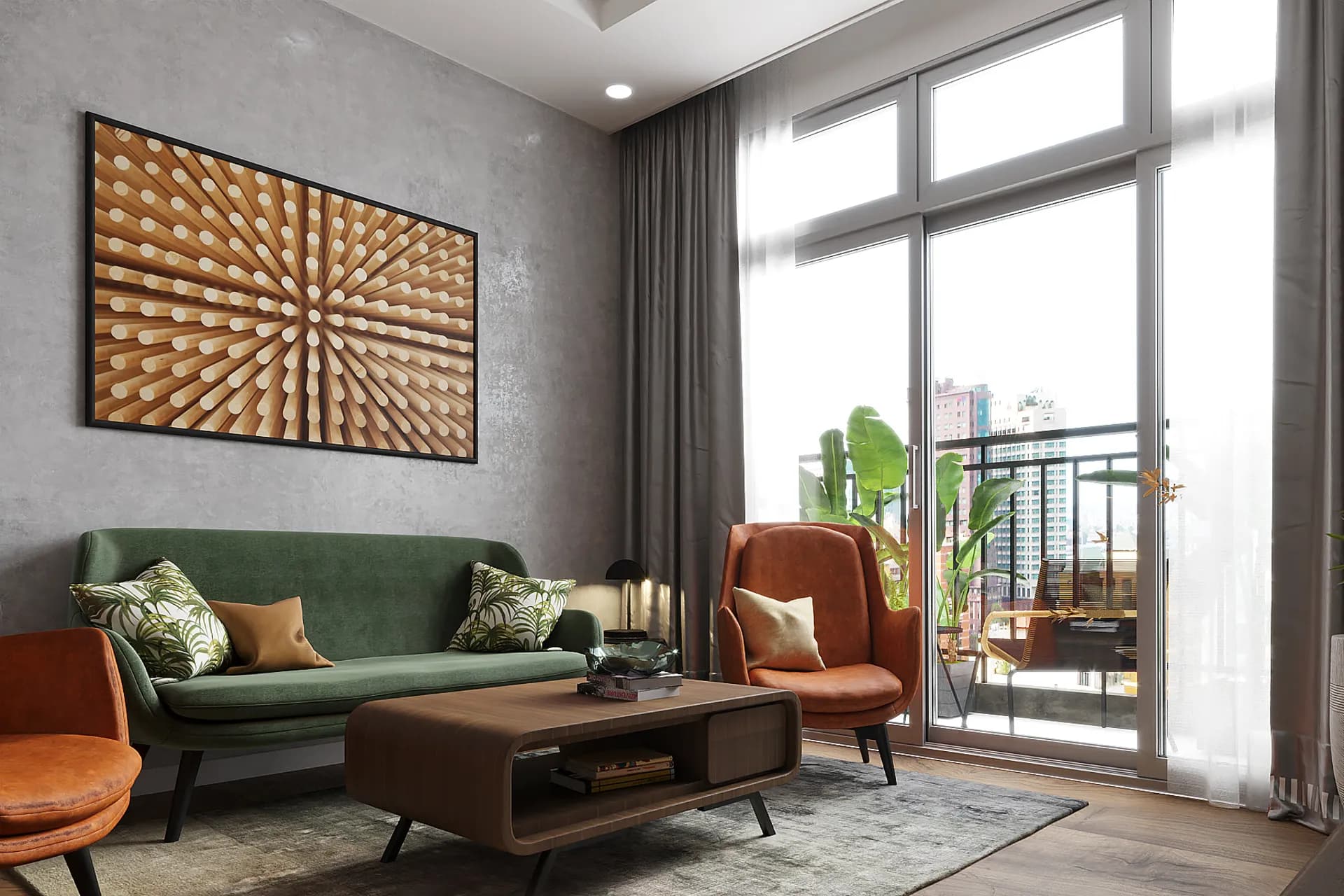 Basic package interior with bedroom design featuring minimalist artwork